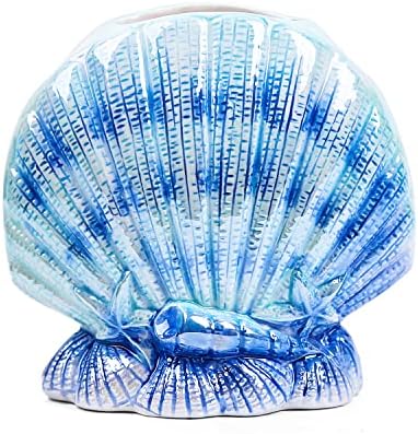 Coastal Ceramic Bathroom Accessory Set - 4 Piece Seashell & Starfish Decor, Includes Soap Dispenser, Toothbrush Holder, Soap Dish & Tumbler, Beach Themed Bath Decor (Blue)