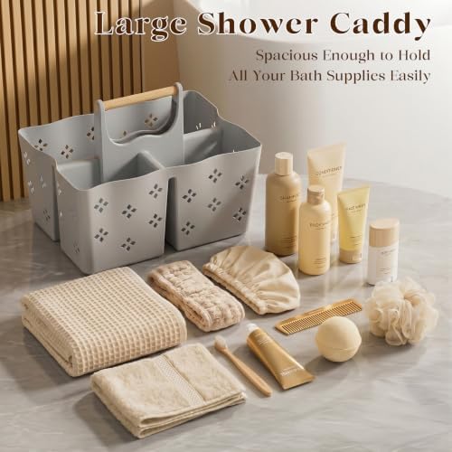 GVY Portable Plastic Shower Caddy, Large Capacity Shower Basket with Handle, Divided Bathroom Toiletry Organizer, Quick-Drain Shower Caddy for College Dorm Beach Kitchen, Dark Grey