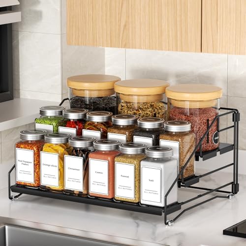 BOIVSHI 4 Tier Spice Rack for Cabinet, Spice Rack Organizer, Depth Adjustable Spice Holder for Countertop, Cupboard, Pantry, Seasoning Shelf, Metal, Black (1 Pack)