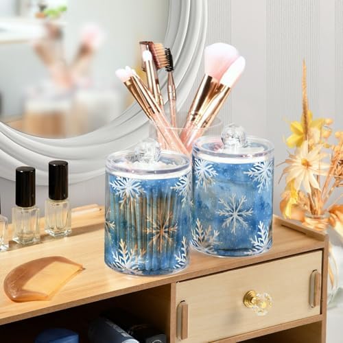 ALAZA 2 Pack Qtip Holder Snowflake Blue Background, Cotton Swab Dispenser with Lid Bathroom Containers Canister Organizer Storage Jar