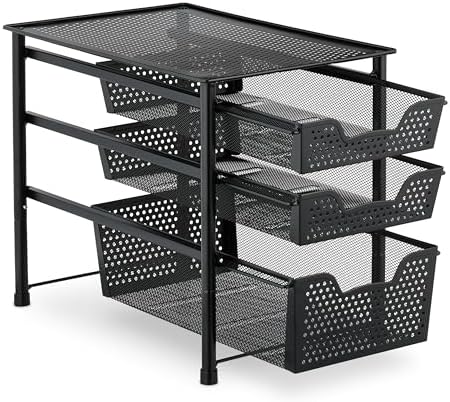 Relaxdays Drawer Shelf, Stackable Office Organiser, 3 Pull-Out Baskets, Metal, Kitchen, Bathroom, HBT: 35 x 28 x 42.5 cm, Black