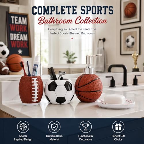 4-Piece Sports Bathroom Accessories Set Complete with Basketball Lotion/Soap Dispenser,Soccer Bath Cup/Tumbler,Base Ball Soap Dish,Football Toothbrush Holder