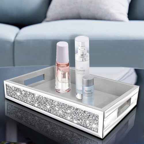 Wocred Mirror Perfume Tray fits Dresser Bedroom,Crushed Diamond Bathroom Tray with Handles，Vanity Tray,Decorative Serving Tray for Coffee Table Decor(14”x 10”x 2.5”)