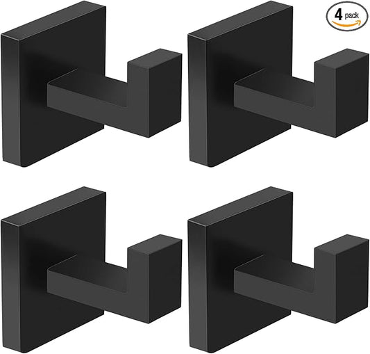 IBosins 4 Pack Towel Hooks Hand Towel Holder for Bathroom Wall Livingroom Bedroom Kitchen Closet Heavy Duty Stainless Steel Hook Hanger for Robe, Bath Towel, Coat (Square Matte Black)
