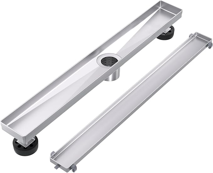 EXF Linear Shower Drain 18 Inch Tile Insert, Brushed Stainless Steel Rectangle Shower Floor Drain Cover with Hair Catcher, Adjustable Feet