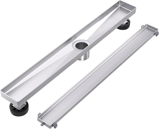 EXF Linear Shower Drain 24 Inch Tile Insert, Brushed Stainless Steel Rectangle Shower Floor Drain Cover with Hair Catcher, Adjustable Feet