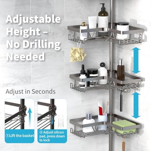KEGII Corner Shower Caddy Tension Pole, Bathroom Organizer, Gunmetal Gray