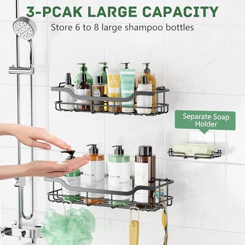 OMAIRA 3-Pack Shower Caddy with Soap Holder, Adhesive Rustproof No-drill Strudy Loading Inside Shower Organizer Shelves Rack Storage Bathroom Organization for Smooth Wall Glass Tile, Black (X-Large)