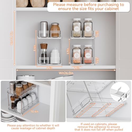 Yieach 2 Tier Sliding Spice Racks for Cabinets,2 Pack 10.4'' Deep Narrow Vertical Spice Rack Pull Out for Inside Cabinets,Kitchen,Pantry,Cupboard Seasoning,Jar Organizer and Medicine Cabinet Storage