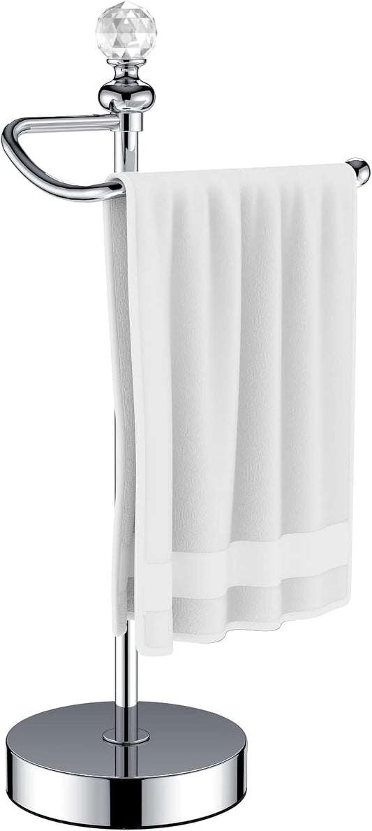 ROLABAM Heavy Weighted Hand Towel Holder (with Crystal Ball) Standing Hand Towel Holder Total Height 16.54'' for Kitchen, Bathroom, Vanity, Classic Decorative Metal Hand Towel Stand, Polished Chrome