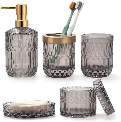 IVAILEX 5PCS Grey Glass Bathroom Accessories Sets of Lotion Dispenser, Soap Dish, Toothbrush Holder, Tumbler, Cotton Swab Jars, Modern Bath Decor, Vintage Gift