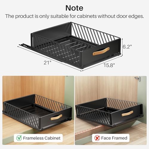 Pull out Cabinet Organizer,Heavy Duty Slide out Pantry Shelves Drawer Storage with Adhesive Nano Film,Sliding Mesh Cabinet Basket with Handle for Kitchen, Bathroom, Home, 15.8"W X 21"D X6.2"H,Black