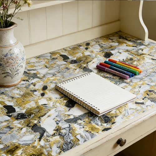 Drawer and Shelf Liner - Yellow Black Marble Pattern,Non Adhesive
