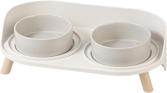 Raised Cat Food and Water Bowl Set - Elevated Ceramic Dishes with Non-Slip Stand and Splash Guard for Small Dogs - 2 x 320 ML (4.9 OZ) - Grey
