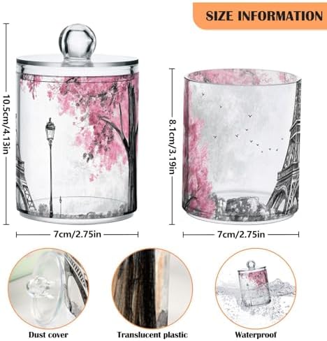 Apothecary Jars Bathroom Storage Organizer with Lid - 14 oz Qtip Holder Dispenser, Pink Paris Tower Clear Plastic Canister for Cotton Swab, Cotton Ball, 2PCS