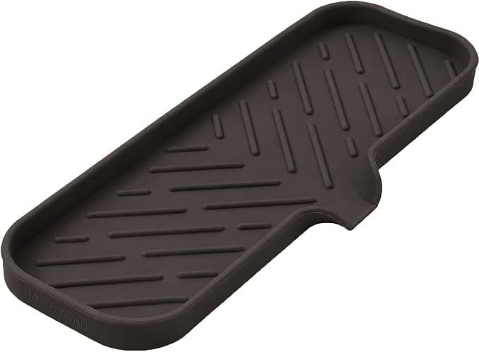 MicoYang Silicone Soap Dish with Drain Spout — Self-Draining Double Sink Organizer Tray for Kitchen & Bathroom, Dispensers, Sponges & Soap Holder, Non-Slip & Dishwasher Safe, Coffee (Large, 12"×4")