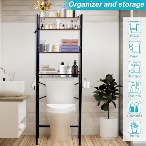 Over The Toilet Storage Rack, 4 Tier Freestanding Space Saver Bathroom Shelf, Adjustable Bathroom Stand Organizer with Paper Holder and 3 Removable Hooks