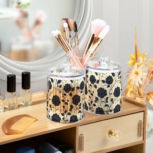 2 Pack Qtip Holder Organizer Dispenser Black Roses Tile Pattern Bathroom Storage Canister Cotton Ball Holder Container for Cotton Pads/Swabs/Floss