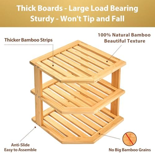 Umilife Plate Organizer for Cabinet, Extra Tall Bamboo Corner Shelf, Dish & Bread Organizer, Spice Rack, Kitchen Bathroom Countertop Storage Organization Space Saver
