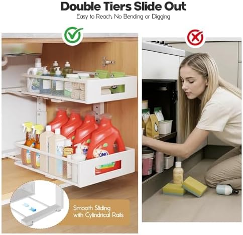 Under Sink Organizer, 2-Tier Dual Pull Out Cabinet Organizer Drawers With Smooth Circular Rail, Large Capacity Metal Mesh Sliding Shelves For Bathroom& Kitchen Storage,Height Adjustable–White,1 Pack