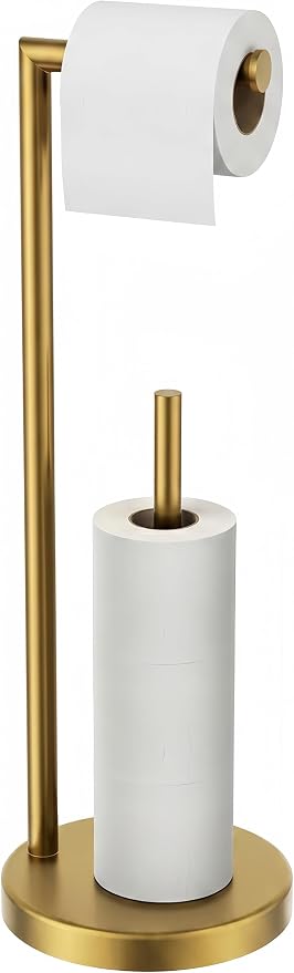 FORIOUS Toilet Paper Holder Stand with Storage for 4 Rolls, Brushed Gold | Modern Freestanding SUS 304 Stainless Steel Bathroom Tissue Roll Organizer with Heavy Anti-Slip Weighted Base
