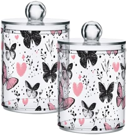 2 Pack Qtip Holder Organizer Dispenser Black Pink Butterflies Hearts Bathroom Storage Canister Cotton Ball Holder Container for Cotton Pads/Swabs/Floss