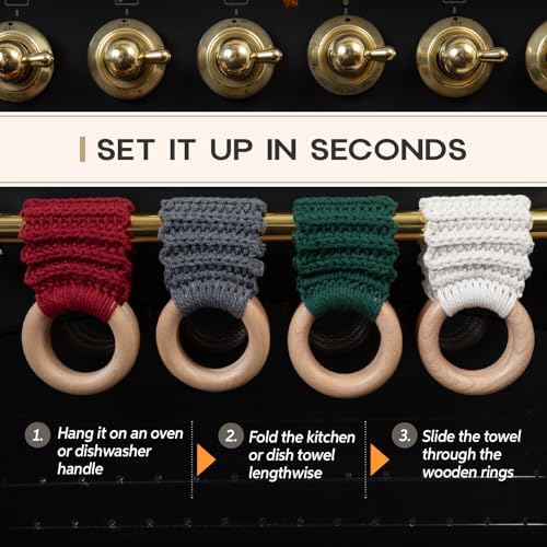 Hanging Kitchen Dish Towel Holder (Handmade Crochet), Decorative Boho Macrame Kitchen Towel Hanger Loop Ring Makes a Unique Gift for Birthday, Thanksgiving, 11 Inches (Cream)