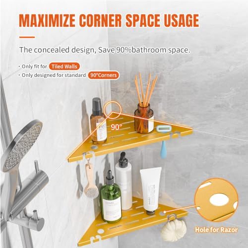 Corner Shower Shelves with Razor Hole & Hooks, Shower Caddy Storage