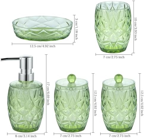 Modern Shatterproof Acrylic Olive Green Bathroom Accessories Set – 5-Piece Glass-Free Vanity Set with Soap Dispenser, Toothbrush/Makeup Brush Holder, 2 Cotton Jars with Lids, and Soap Dish