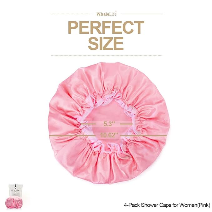 Shower Caps Satin Lined Waterproof for Women Men - 4Pc Pink | Double Layer 100 Percent Dry Jumbo Oversized Fits Thick Hair Smooth Lining Prevents Hair Frizz Snug Elastic Band No Pressure