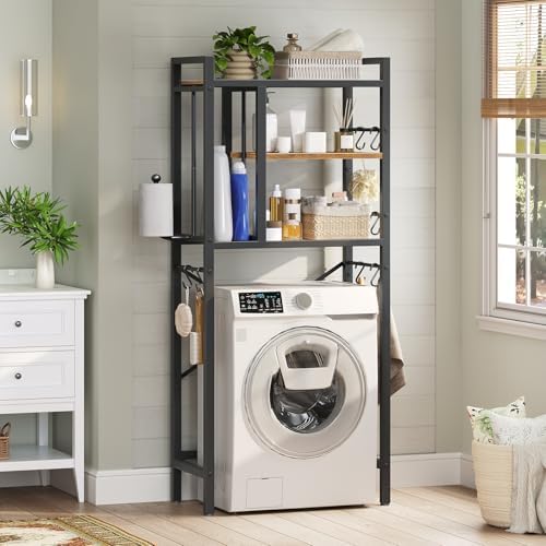 YATINEY Over The Toilet Storage Rack, 3-Tier Bathroom Organizer Shelf, Above Toilet Storage with Paper Holder 8 Hooks, Over The Toilet Storage Cabinet for Bathroom, Rustic Brown and Black TR06BR