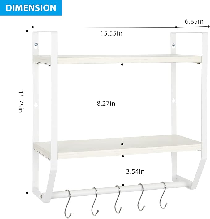 OYEAL Bathroom Shelf with Towel Bar Wall Mounted Towel Rack Rustic Towel Shelf for Bathroom with 5 Hooks, 2 Tier Shelf Storage Organizer for Living Room, Kitchen, Bedroom, White