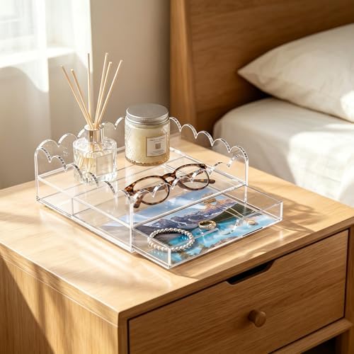 Scalloped Acrylic Tray, 8”x 8” Clear Acrylic Tray with Upgraded 1" Height Drawer for Vanity Jewelry Makeup Organized Skincare Storage, Acrylic Display Tray for Insert Needlepoint Photo Art Home Decor