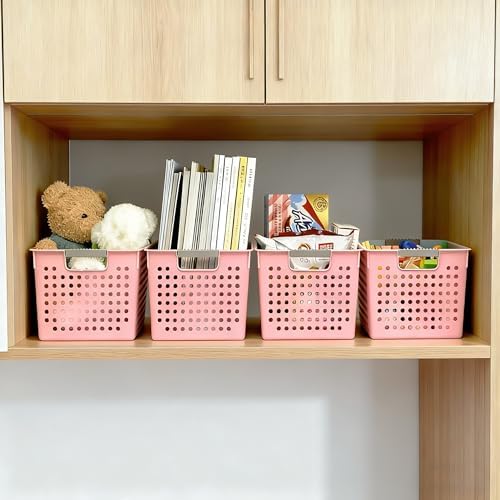 Soddeph 4 Pack Plastic Deep Storage Basket with Handles, Cubbies Organizer Bins with Hollow Design for Under Counter, Closet, Kitchen or Bathroom 12.3" × 8.7" × 6.9"(Pink, Medium)
