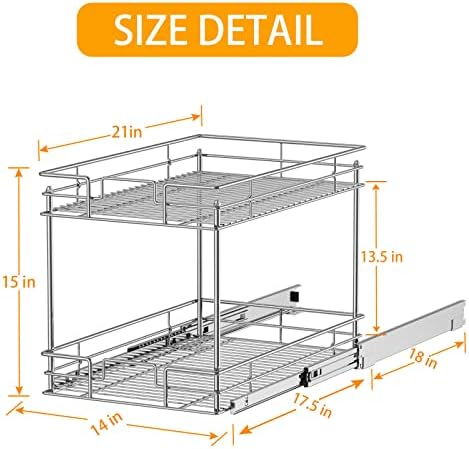 ROOMTEC New Version Pull Out Cabinet Organizer for Base Cabinet (14" W X 21" D), Kitchen Cabinet Organizer and Storage 2-Tier Cabinet Pull Out Shelves Under Cabinet Storage for Kitchen Silver,Chrome