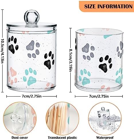 2 Pack Plastic Qtips Holder Paw Colorful Bathroom Organizer Canisters for Cotton Balls/Swabs/Pads/Floss,Plastic Apothecary Jars for Vanity