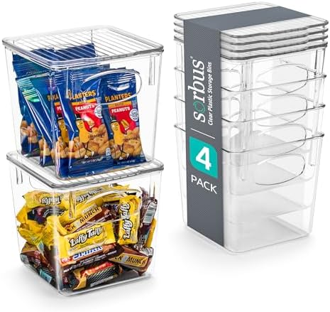 Sorbus Small Plastic Storage Bins (4 Pack) – Clear Bins for Kitchen, Pantry, Fridge, Cabinet, and Refrigerator – Stackable Storage Containers for Home Organization