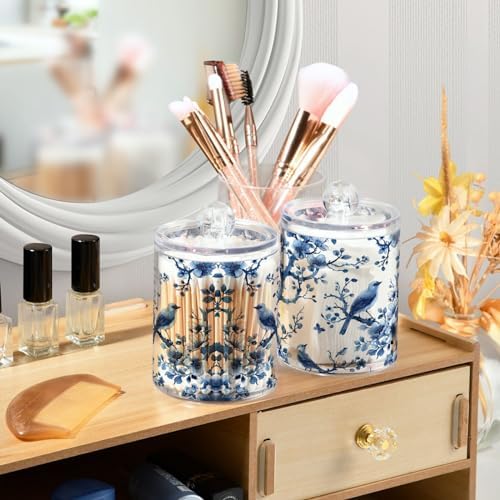 Blue White Porcelain Qtip Holder 4 Pack - 10 Oz Clear Plastic Apothecary Jar Set for Bathroom Organization - Versatile Canister Storage for Cotton Balls, Swabs, Rounds