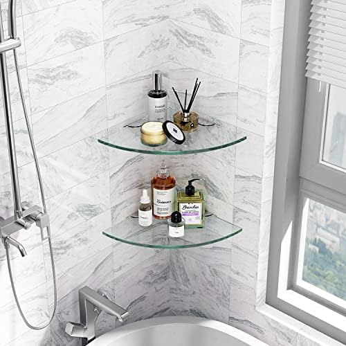 Glass Corner Shelf for Bathroom Corner Shower Shelf Tempered Glass Shelf Shower Organizer Shampoo Holder No Drilling Shower Caddy Corner for Inside Shower 9.4" R