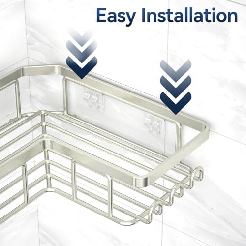 YASONIC Corner Shower Caddy, 3-Pack Adhesive Shower Caddy with Soap Holder and 12 Hooks, Rustproof Stainless Steel Bathroom Organizer, No Drilling Wall Mounted Shower Rack, Nickel