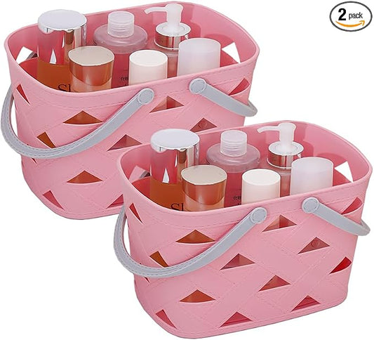 Portable Shower Caddy 2 Pack, Tote Plastic Storage Basket with Handle Shelf Organizers Bin for Bathroom, College Dorm, Kitchen, Garden, Camping, Cleaning Supplies (Pink 2 pcs)