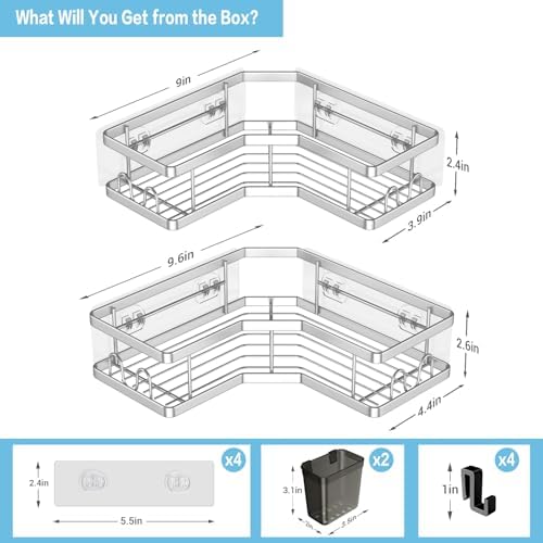AKTECKE Corner Shower Caddy Shelf Rack: 2 Pack Adhesive Shower Organizer Essentials - No Drilling Stainless Steel Bathroom Storage Rack with Hooks and Toothpaste Holder