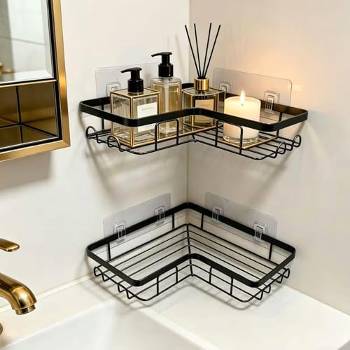 Shower Caddy 2 Pack, No Drilling Adhesive Bathroom Organizer Shelf Rack, Corner Shower Shelf with Hooks for Home Decor & Storage