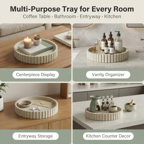 Round Solid Concrete Tray, Fluted Centerpiece for Coffee Table Decor 11"