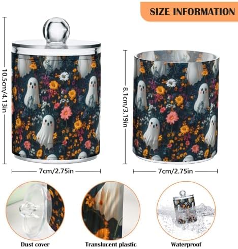 2 Pack Qtip Holder Organizer Dispenser Cute Ghosts with Flowers Bathroom Storage Canister Cotton Ball Holder Container for Cotton Pads/Swabs/Floss
