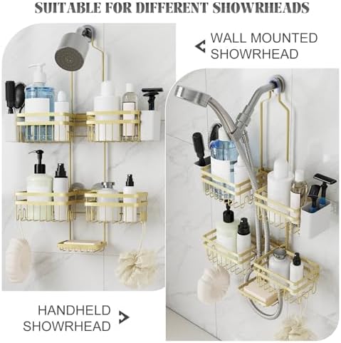Shower Caddy Hanging for Bathroom Organizers and Storage - 3-Tier Adjustable Anti-Swing Shower Organizer Hanging with Heavy-Duty Suction Cups, Damage-Free Rustproof (Gold)