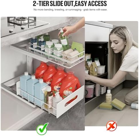 Under Sink Organizer Upgrade To Professional Rails,2-Tier Dual Pull Out Cabinet Storage,Height Adjustable Slide Out Drawers For Bathroom Kitchen,2 Pack-14.5" Dx12.8-16.9" H,White
