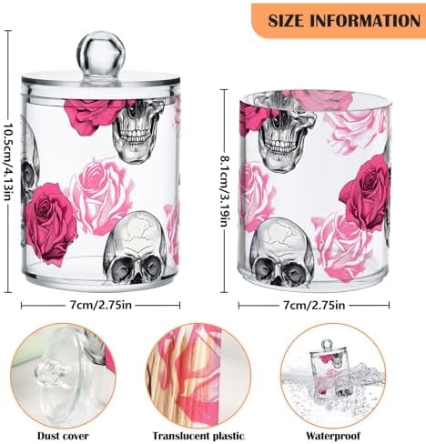 2 Pack Qtip Holder Dispenser Skull Rose Flower Bathroom Storage Canister Lid Acrylic Plastic Apothecary Jar Set Vanity Makeup Organizer for Cotton Swab/Ball/Round Pads, Floss