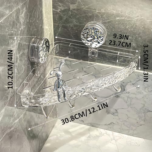 Corner Shower Caddy Suction Cup, Wall Mounted Suction Shower Rack Organizer, No Drilling Shower Shelf, Clear Basket with 4 Movable Hooks, Bathroom Storage Rack (clear, 90°corner)