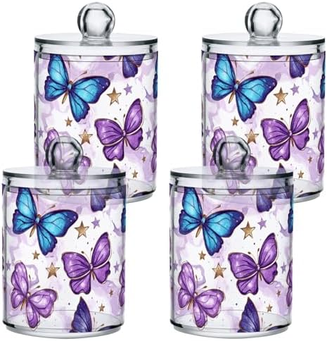 Gredecor 2 Pack Qtip Holder Clear Purple Butterflies (1) Apothecary Jars with Lids Acrylic Bathroom Jars Vanity Countertop Canister Storage Organizer for Cotton Ball,Swabs,Pads,Floss